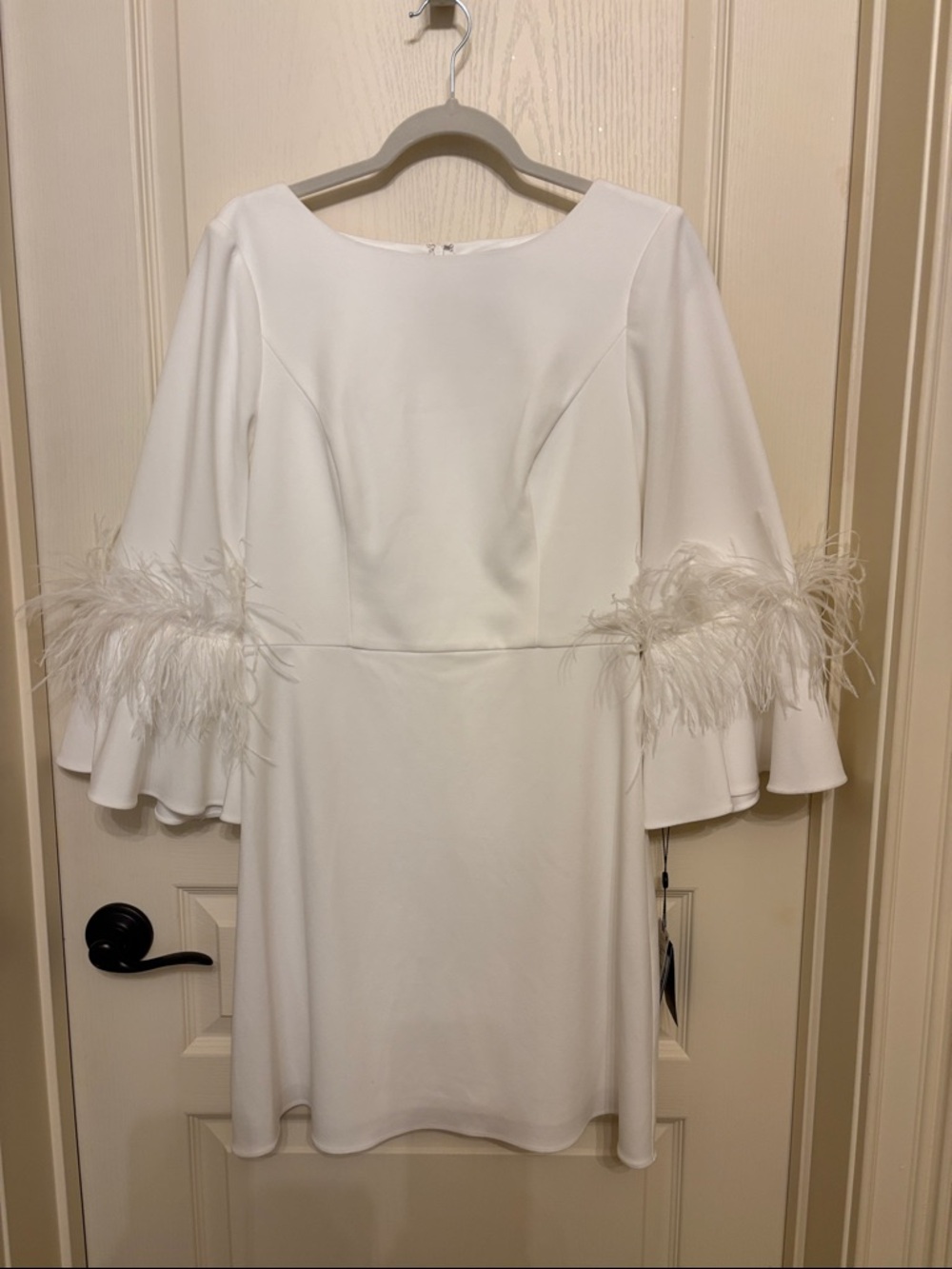 Adrianna Papell White Feather-Trim Long Sleeve A-Line Dress